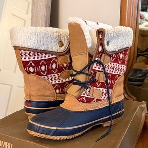 Khombu Blue and Tan Winter Boots with Red Knit Design